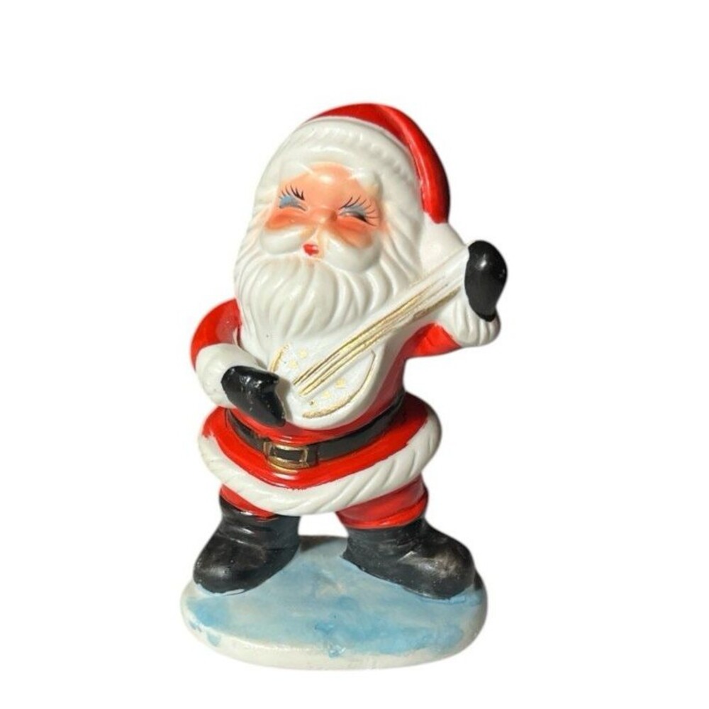 Vintage Porcelain Santa Claus Figurine Playing Mandolin Japan Christmas 4-1/4"